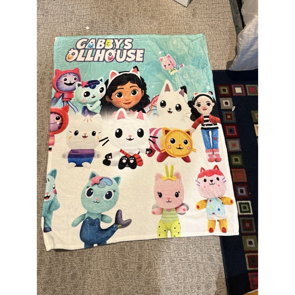 Gabby's Dollhouse themed blanket Pandy Paws, MerCat, and DJ Catnip 50"x 39"